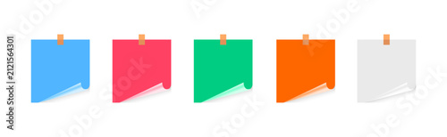 Five blank colorful sticky notes are taped to a clean white background, each with a subtle shadow and a bottomright curled corner, offering ample copy space.