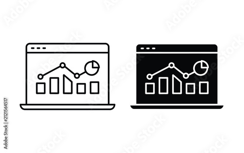 Vector illustration of a laptop screen presenting a business data dashboard with pie chart, piechart
