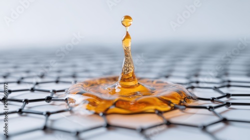 High speed macro photography of a water droplet hitting a black hexagonal graphene mesh, the water turns into glowing digital pixels upon contact