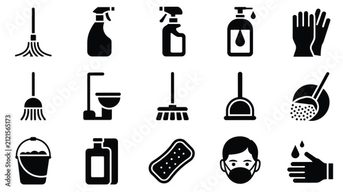 Set of 15 black and white cleaning and hygiene icons vector