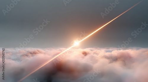 Minimalist spiritual art, a single focused beam of warm light piercing through dense neutral fog, ethereal atmosphere, concept of enlightenment
