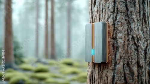 small modern device integrated into tree trunk with subtle glowing lines, forest background, minimal composition, AI nature concept, ultra realistic photo