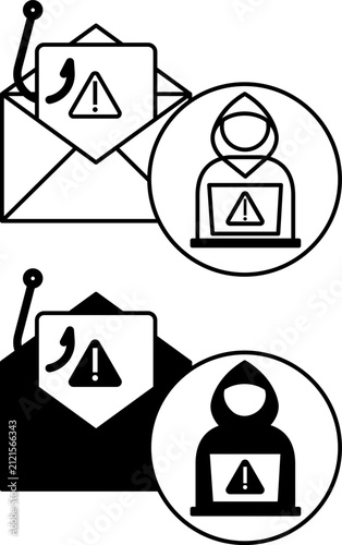Phishing Email Trap Icons. Vector Illustration. Fraudulent Email Used to Steal Personal Data, Passwords, or Money. Hacker, Dangerous Email, and Hook. Digital Forensics and Cyber ​​Detective Concept