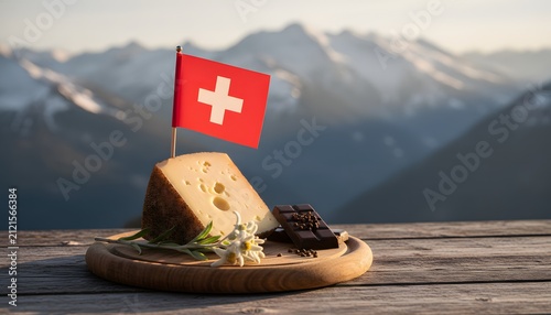 Swiss cheese with flag, chocolate and edelweiss flower placed on wooden table with snowy alps in background for Swiss National Day holiday celebration concept