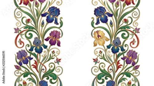 Elegant vertical floral border featuring vibrant blooming iris flowers intertwined with swirling golden vines and intricate green foliage in a classical art nouveau style composition on a clean white 
