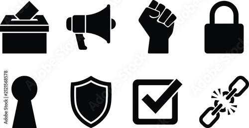 Democracy Voting Rights and Human Freedom Silhouette Vector Icons Set Including Ballot Megaphone and Broken Chain
