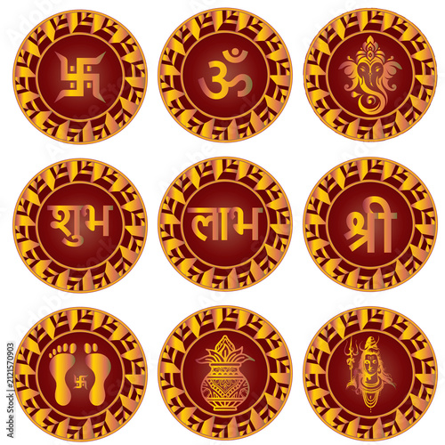 Premium Golden Hindu Religious Symbols Collection with Swastik Om Ganesha Kalash Shiva and Shubh Labh Vector Set