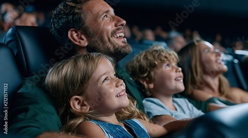 Family watching a film at the movie theater. Father holding his daughter on his lap while sharing a joyful entertainment experience with his wife and son. All looking up with expressions of happiness