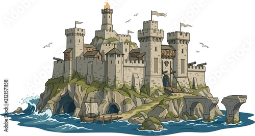 Fotografie Medieval fortress stone castle on rocky island ocean coast with towers flags shi