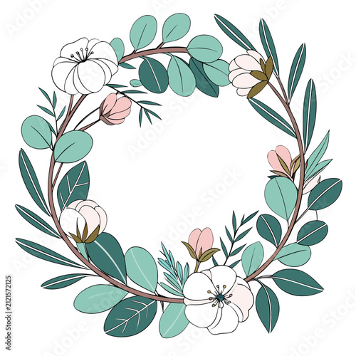 Hand painted eucalyptus and cotton floral wreath watercolor vector for wedding and invitations.