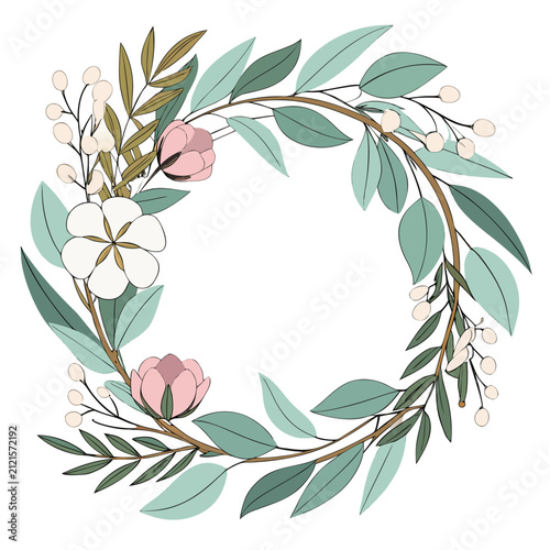 Watercolor eucalyptus and cotton wreath hand painted floral vector isolated on white background.