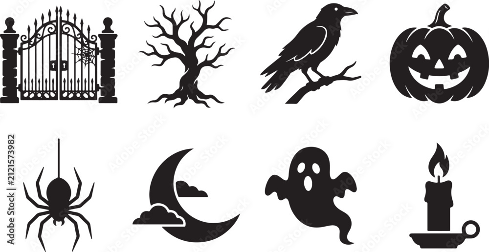 Obraz premium Set of black silhouette icons for halloween featuring spooky elements like a pumpkin ghost and a raven