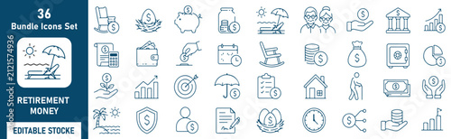 Fotografía Retirement Money Vector Outline Icons Set – Pension, Financial Planning, Savings
