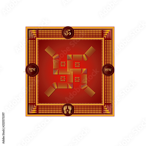 Premium Golden Hindu Swastik with Traditional Indian Decorative Border Vector Illustration