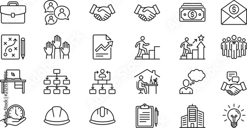 Corporate business management and human resources outline line icon set including team handshake strategy career office