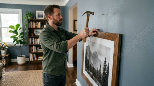 Focused Man Hanging Framed Picture on Living Room Wall with Hammer for DIY Home Decoration