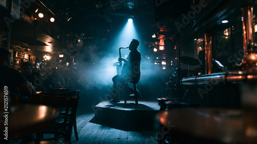 Jazz Saxophonist Performing on Stage with Blue Spotlight