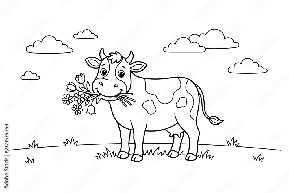 Fototapeta premium Cute cartoon cow grazing flowers on meadow coloring page illustration with coloring, illustration.