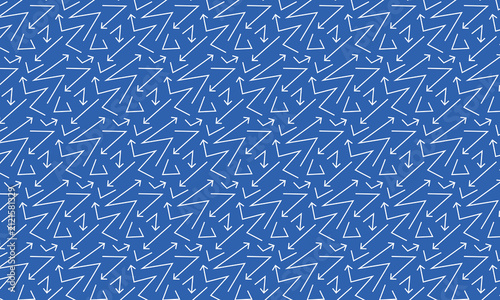 Arrow sharp abstract geometric vector pattern. White zigzag lines on blue background. Seamless ornament for textile, fabric, interior, ceramic, wallpaper, paper decoration, decor, cover, design