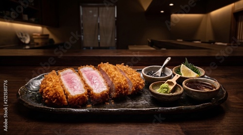 Thick sliced premium rose pink tonkatsu cutlet on handmade ceramic plate with salt and wasabi at luxury omakase counter