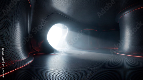  Futuristic metallic tunnel with smooth curved architecture, glowing red light accents and bright portal. Abstract sci-fi interior  with dramatic lighting  for technology presentations