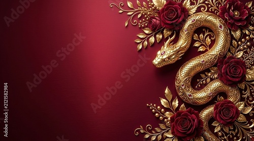 Elegant golden snake sculpture entwined with deep red roses and intricate gold leaf floral patterns on luxury maroon background for lunar new year year of the snake.
