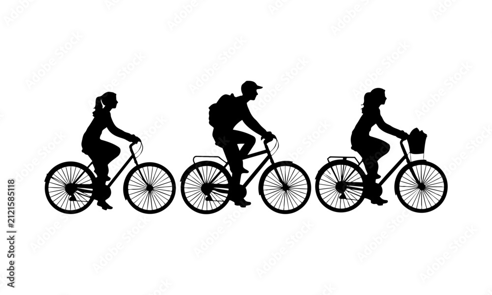 Fototapeta premium Three people riding different bicycles silhouette