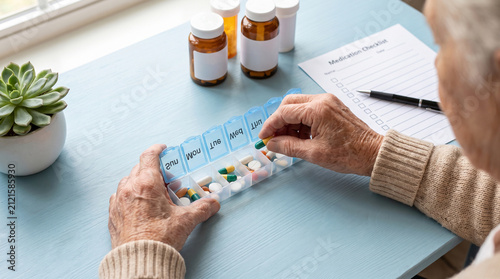 Elderly hands sorting pills in a weekly pill organizer beside prescription bottles and medication checklist