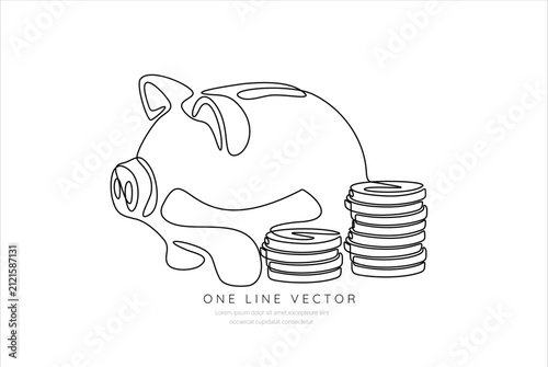 Continuous line piggy bank. piggy bank icon one line drawing. invitation let's save, one line art concept of business finance. One continuous line drawing of piggy bank with dollar coin. Editable 