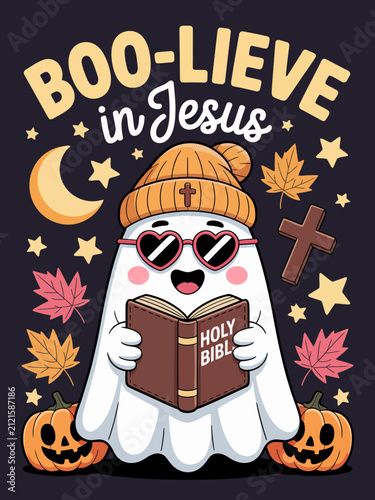 A cute ghost wearing sunglasses and a beanie holds a Bible. Surrounded by stars, leaves, a crescent moon, and pumpkins on a black background.