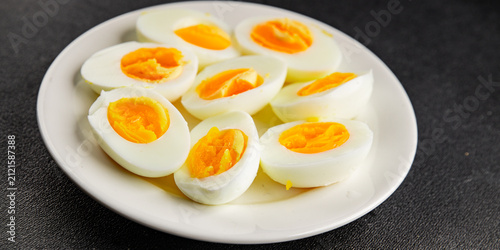 Fotografie Boiled eggs yolk and egg white tasty snack healthy fresh delicious gourmet food
