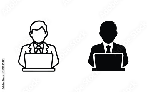 Vector illustration icon set of a professional person working on a laptop computer with computer