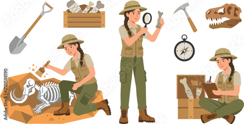 Canvas Print Female Paleontologist and Archaeologist Vector Character Set with Dinosaur Fossi