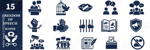 Freedom of Speech Icon Set With Protest, Free Press, Human Rights and Public Expression Symbols