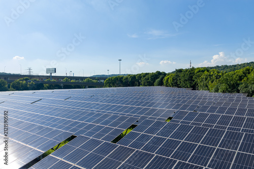 Solar panel field under clear blue sky