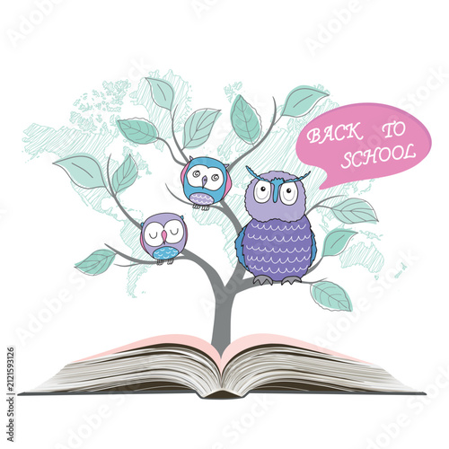 Back to school. A clever owl and students perched on a tree branch over an open book against a world map. Greeting card template. A wise cartoon bird, hand-drawn