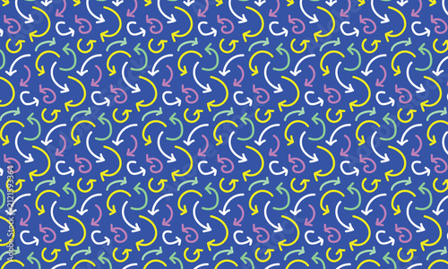 Hand drawn curved arrows background. Abstract seamless geometric vector pattern on blue. Funny bright ornament for textile, fabric, interior, ceramic, wallpaper, paper decoration, decor, cover, design