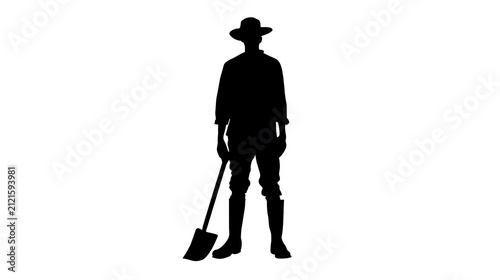 Silhouette of a farmer wearing a hat and boots, holding a shovel. Ready for agricultural work