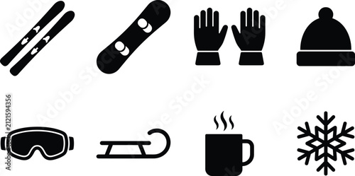 Foto Winter Sports Equipment and Accessories Icon Set Featuring Skis Snowboard Goggle
