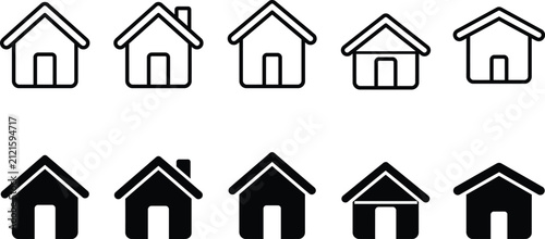 Collection of house icons in thin line and black solid styles for real estate and home interface design