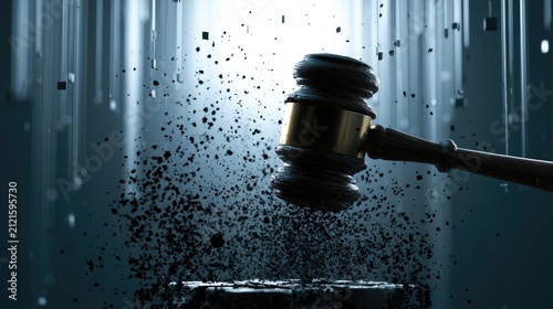 Judicial gavel shattering into digital fragments against a luminous, abstract backdrop