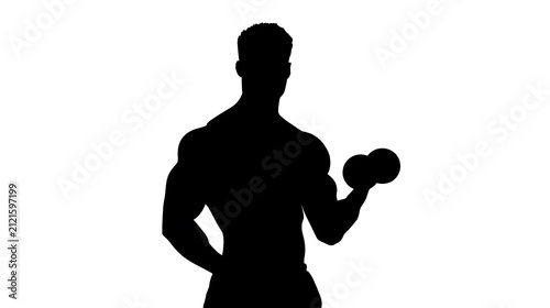 A silhouetted bodybuilder flexing his bicep while holding a dumbbell