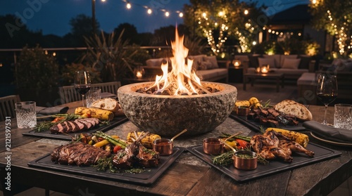 Gourmet grilled meat dinner feast with steaks and roasted vegetables served around a glowing stone fire pit on an outdoor terrace at night with festive string lights, atmospheric evening social event