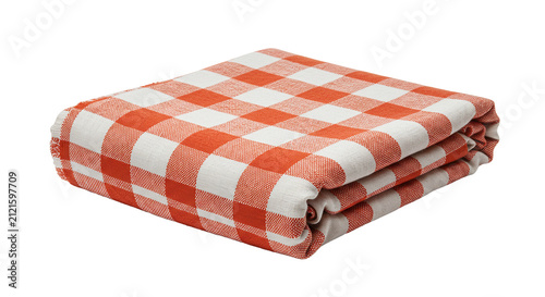 Folded red and white checkered picnic blanket for outdoor dining or leisure activities.