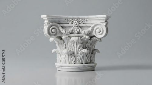 Ornate white marble corinthian column capital with acanthus leaves and volutes 1