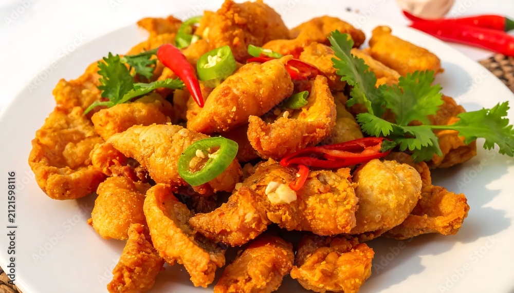 Fototapeta premium Delicious fried squid with chili peppers.