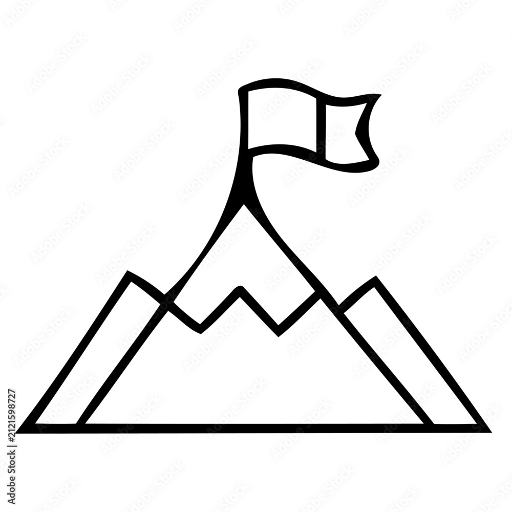 Fototapeta premium Flag on mountain peak linear icon representing goal achievement success milestone and leadership strategy concept