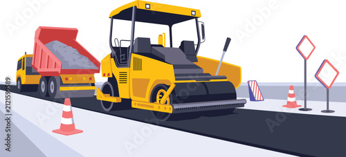 Road construction machinery with a dump truck and a steamroller