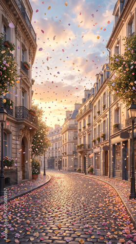 Dreamlike scene of thousands of colorful flower petals gently falling through a quiet city street instead of rain 