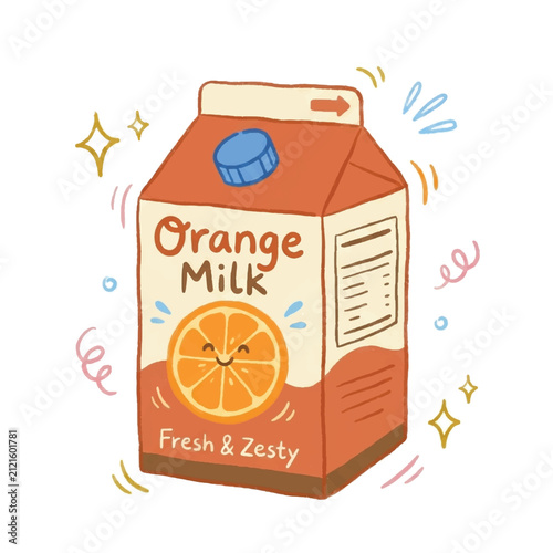 Hand Drawn Illustration of a Cute Cartoon Orange Milk Carton Featuring a Happy Citrus Fruit Face and Decorative Doodles for Healthy Breakfast Concepts